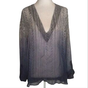 Language 100% Silk Blue Ombre Boho Printed Roll Tab Long Sleeve Blouse Medium